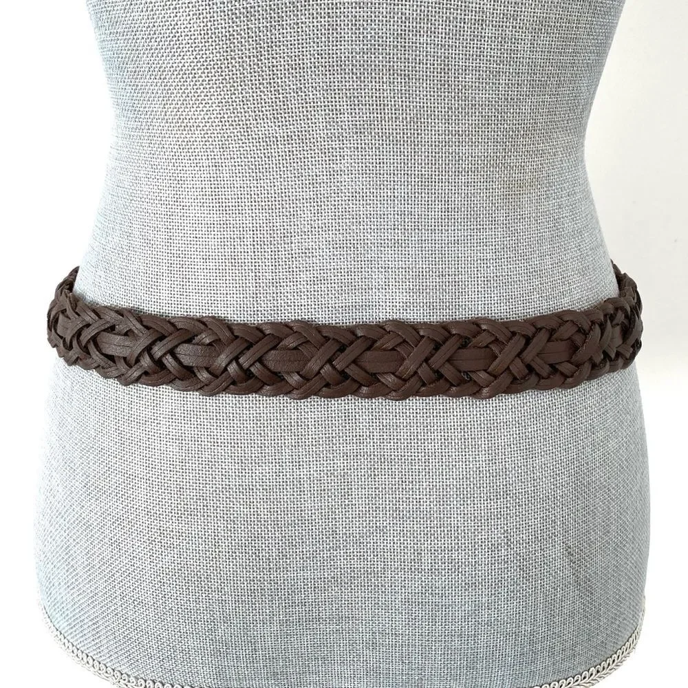 Vintage Brown Braided Leather Belt Gold Tone Buckle Sz M/L Boho Western Preppy